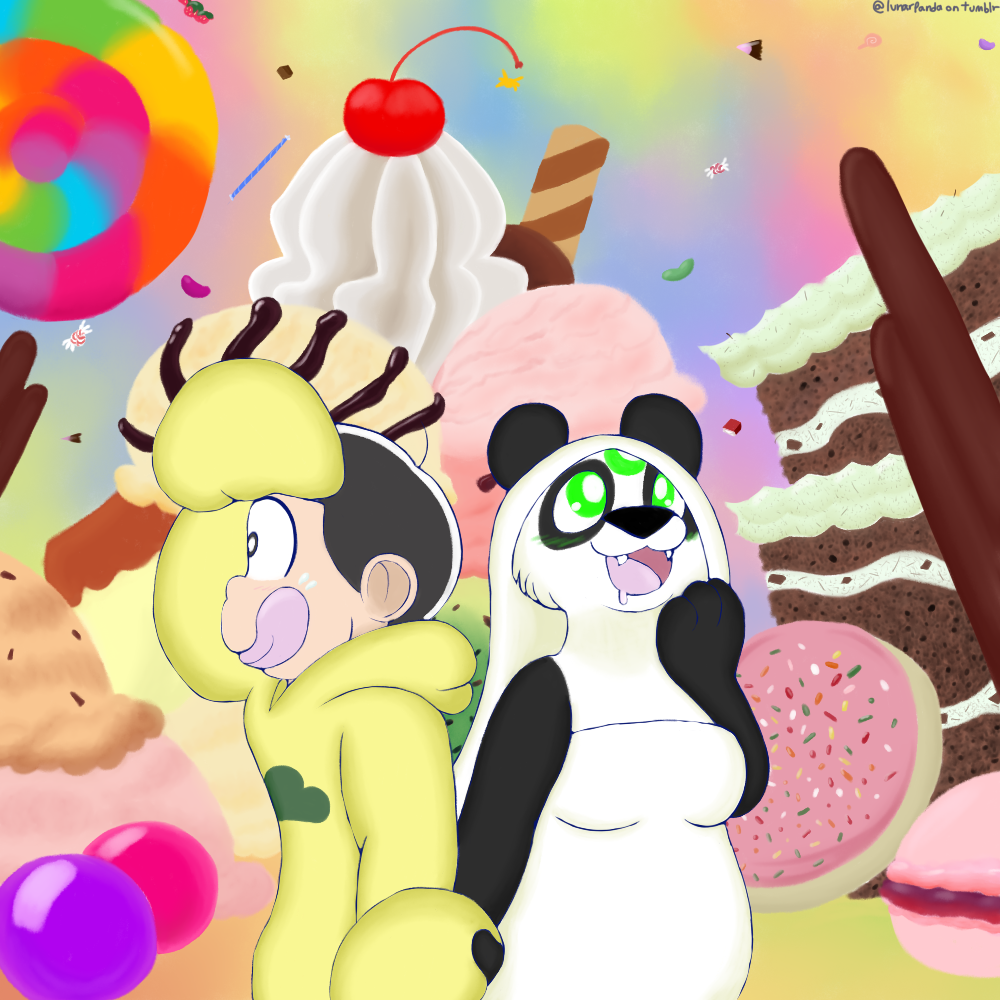 anthro bear black_body black_fur black_nose blush bodily_fluids candy cherry clothed clothing colorful colorful_background cookie dairy_products dessert drooling duo fangs female food fruit fur fur_markings giant_panda hair hoodie human ice_cream jelly_bean jyushimatsu_matsuno lollipop lunarpanda8686 macaron_(food) male male/female mammal markings mika_(lunarpanda8686) mr._osomatsu open_mouth peppermint_(candy) plant pocky pudding round_ears saliva simple_background slightly_chubby smile sprinkles sweets teeth tongue tongue_out topwear whipped_cream white_body white_fur white_hair
