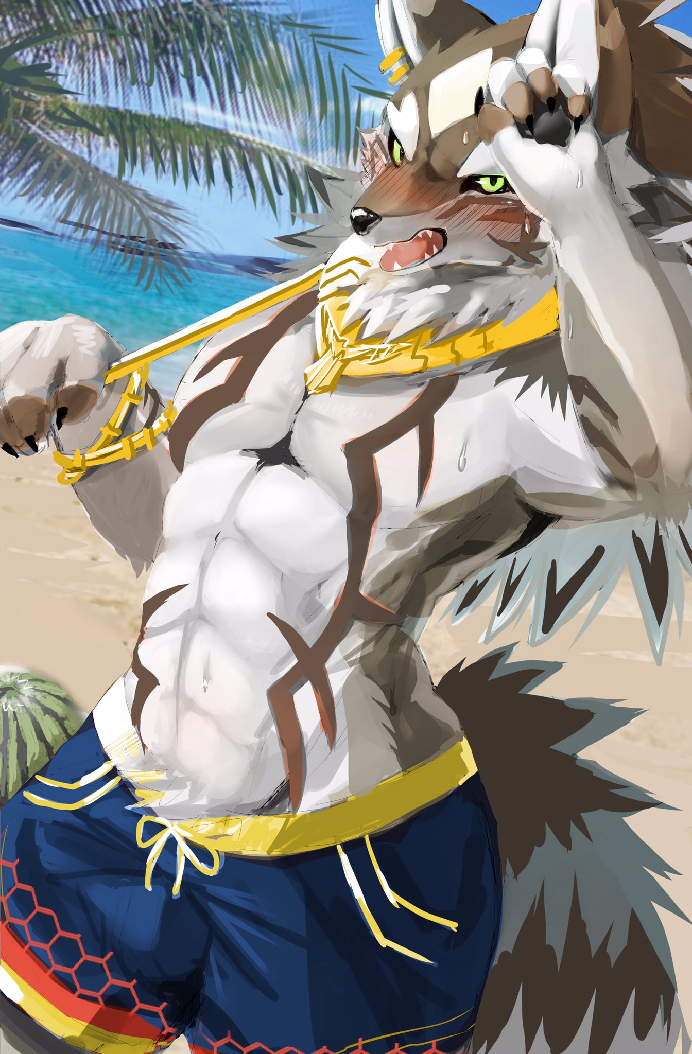 abs anthro beach black_sclera blush bodily_fluids breath canid canine canis clawed_fingers clothing gold_(metal) gold_armlet gold_jewelry gold_necklace golden_earrings green_eyes hi_res jackal jewelry lifewonders looking_at_viewer male mammal necklace nukochi open_mouth panting pawpads pecs sand sea seaside seth_(tas) solo sweat swimming_trunks swimwear tokyo_afterschool_summoners video_games water