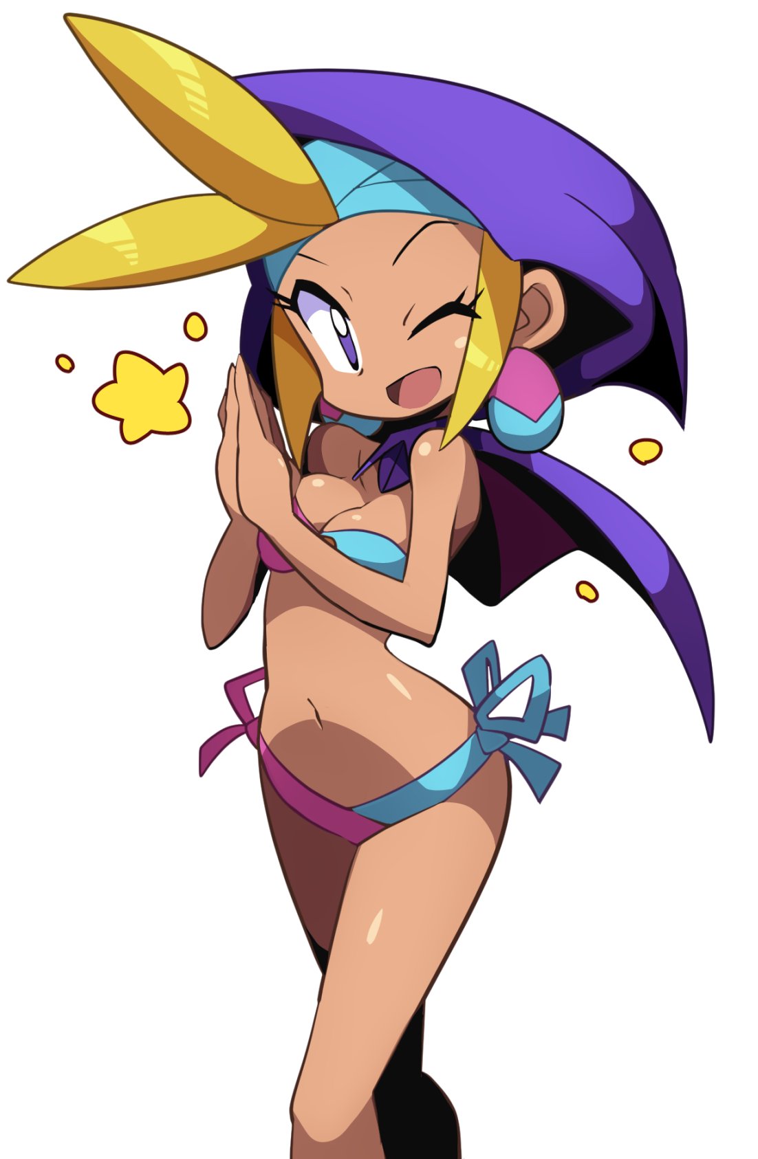 1girl ;d bare_shoulders bikini blonde_hair blue_bikini cowboy_shot dark-skinned_female dark_skin earrings highres hood jewelry looking_at_viewer navel one_eye_closed open_mouth own_hands_together pink_bikini purple_eyes sakurajyousui_nami shantae_(series) sky_(shantae) smile solo swimsuit two-tone_bikini white_background