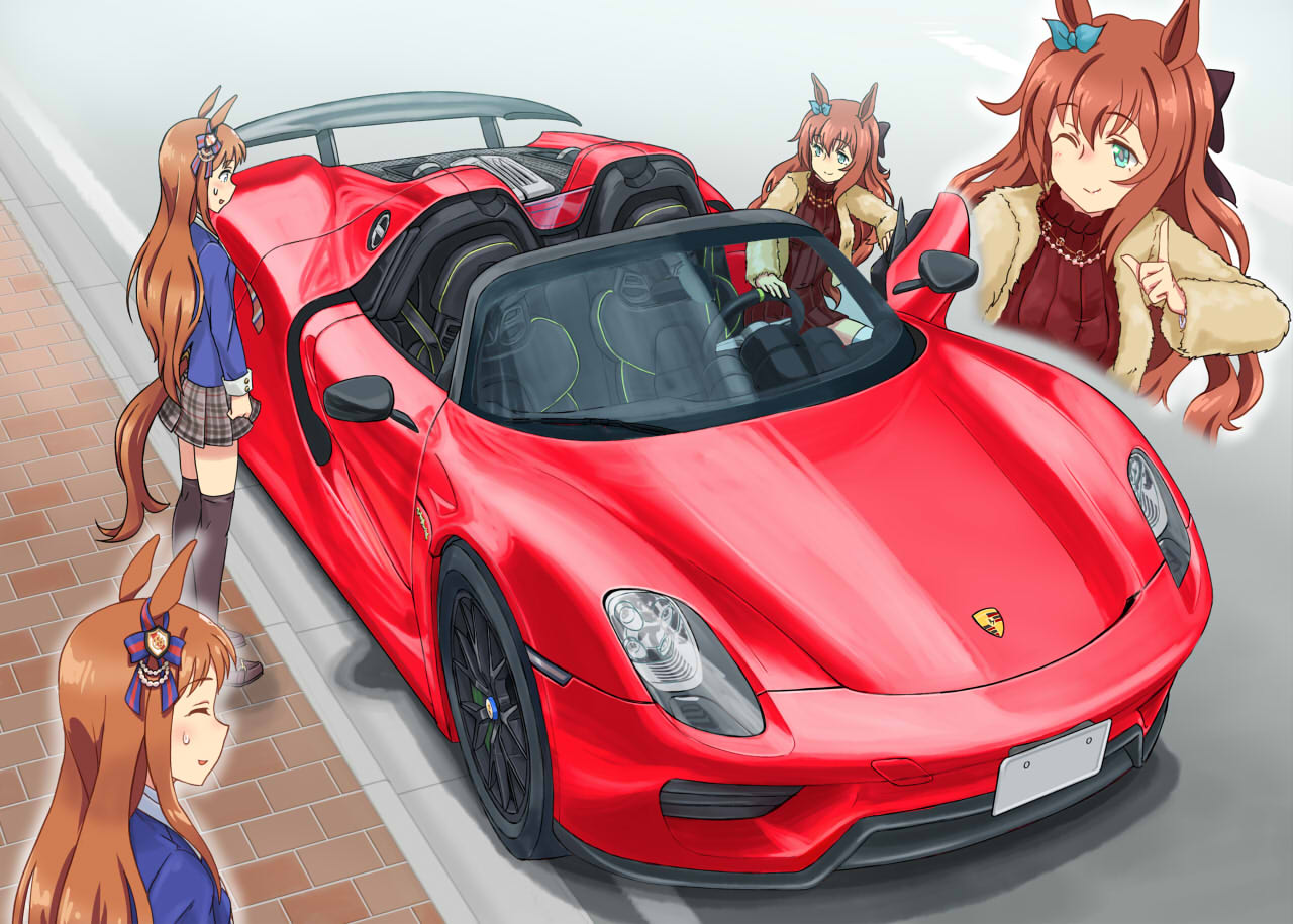 2girls ;) alternate_costume animal_ears black_bow black_thighhighs blazer blue_bow blue_jacket bow brown_coat brown_hair car coat convertible ear_bow from_above grass_wonder_(umamusume) green_eyes ground_vehicle hair_bow horse_ears horse_girl horse_tail index_finger_raised jacket jewelry left-hand_drive long_hair looking_at_another maruzensky_(umamusume) motor_vehicle multiple_girls necklace necktie one_eye_closed plaid plaid_skirt pleated_skirt porsche porsche_918 purple_sweater ribbed_sweater school_uniform skirt smile sweater tail thighhighs ugai_yuichi umamusume vehicle_focus wavy_hair