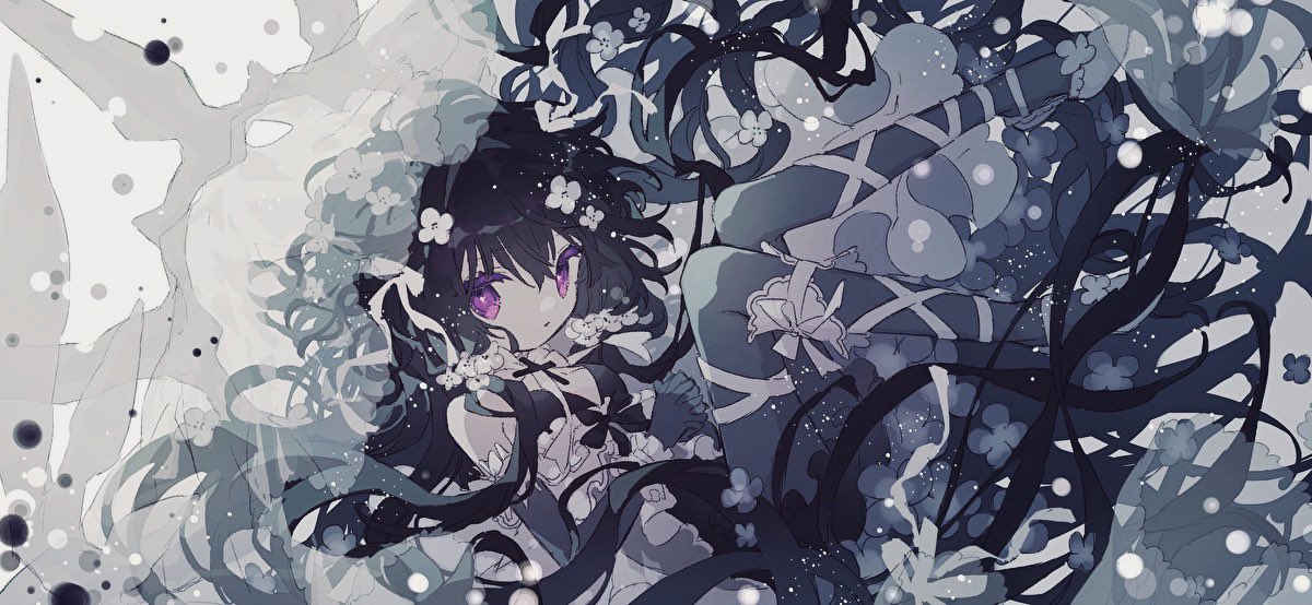 1girl alternate_color black_bra black_gloves black_hair black_pantyhose bow bowtie bra camisole cross cursola floating flower gloves hair_flower hair_ornament hibi89 latin_cross leg_ribbon legs_up long_hair looking_at_viewer low_twintails messy_hair own_hands_clasped own_hands_together pantyhose personification pokemon purple_eyes ribbon shiny_pokemon shoes solo twintails underwear veil very_long_hair white_bow white_bowtie white_camisole white_footwear white_ribbon