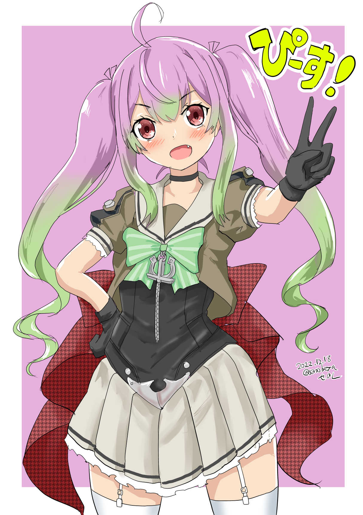 ahoge anchor back_bow black_gloves border bow bowtie bracelet corset cowboy_shot fang garter_straps gloves gradient_hair green_bow green_bowtie green_hair grey_sailor_collar grey_skirt highres jewelry kantai_collection long_hair looking_at_viewer momo_(kancolle) multicolored_hair open_mouth pink_background pink_hair pleated_skirt red_bow red_eyes sailor_collar sailor_shirt school_uniform senon serafuku shirt skirt sparkle_print striped thighhighs twintails v white_border white_thighhighs zipper_pull_tab