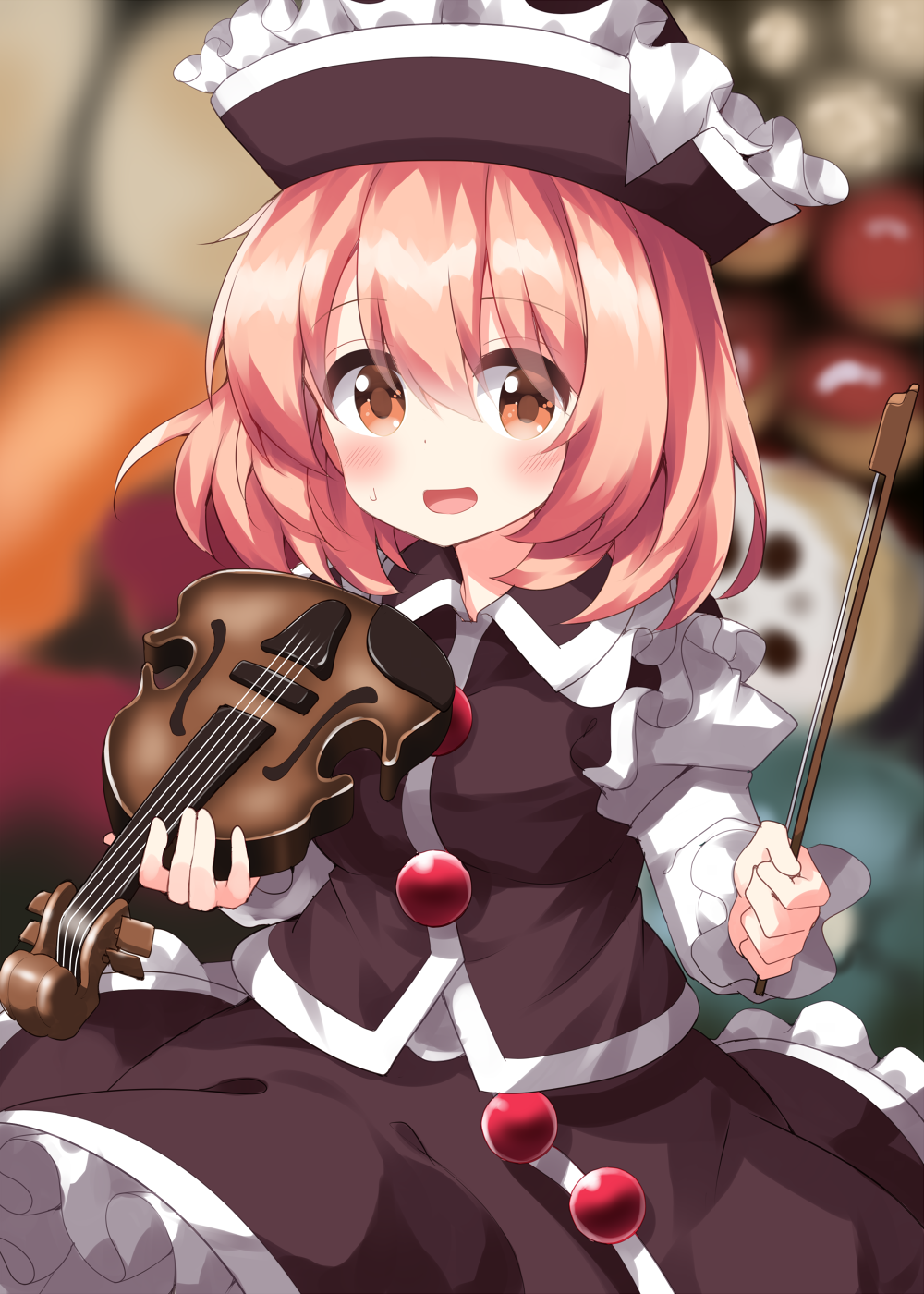 1girl aki_minoriko black_headwear black_skirt black_vest blonde_hair blush bow_(music) collared_vest cosplay frilled_hat frilled_skirt frills hat highres holding holding_instrument instrument lunasa_prismriver lunasa_prismriver_(cosplay) medium_hair one-hour_drawing_challenge open_mouth pointy_hat red_button ruu_(tksymkw) shirt skirt sweatdrop touhou vest violin white_shirt yellow_eyes