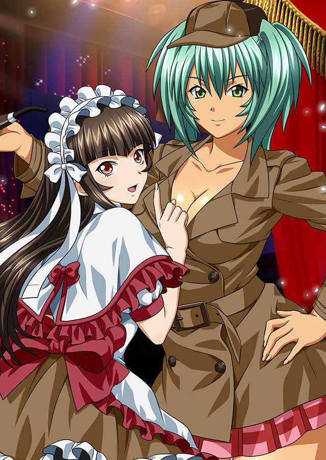 2girls :d alternate_costume aqua_hair bangs blunt_bangs bow breasts brown_coat brown_eyes brown_hair brown_headwear capelet cleavage closed_mouth coat collarbone detective green_eyes hair_bow hair_ribbon hand_on_hip hat holding ikkitousen index_finger_raised large_breasts long_hair looking_at_viewer mini_hat miniskirt multiple_girls open_mouth plaid plaid_skirt pleated_skirt red_bow ribbon ryofu_housen shiny shiny_hair short_sleeves skirt smile standing ten'i_(ikkitousen) white_bow white_capelet white_ribbon