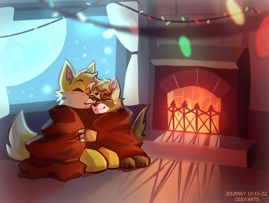 &lt;3 :3 alex_ferret anthro bedding blanket canid canine christmas_lights cuddling dipped_tail domestic_ferret duo dyed-hair embrace eyes_closed fehn_fennec fennec fire fireplace fox happy holding_each_other hug love loving_embrace male male/male mammal mustelid musteline relationship romantic romantic_couple shadow smile snow true_musteline warm_colors warm_lighting weasel wholesome wholesome_hug window winter yellow_body