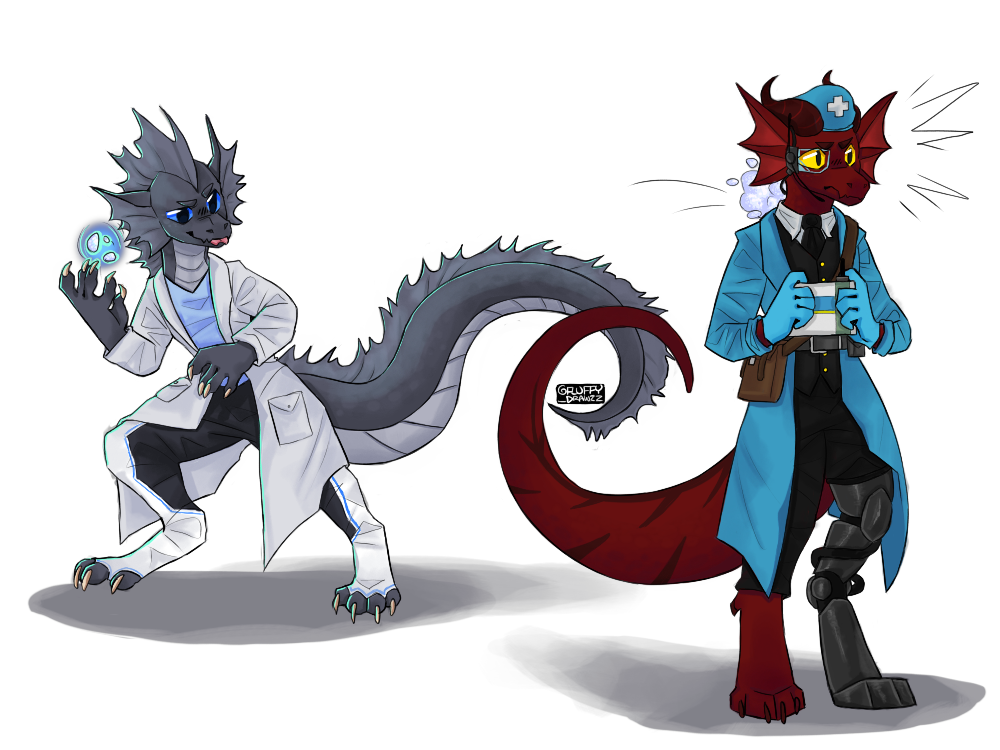 alpha_channel belt big_tail black_bottomwear black_clothing black_pants black_shirt black_suit black_topwear blep blue_clothing blue_gloves blue_handwear blue_hat blue_headwear blue_lab_coat blue_shirt blue_topwear bottomwear claws clothing coat digitigrade doctor dravak_sathune duo fluffydrawzz forked_tongue gloves grey_body grey_scales handwear hat headgear headphones headset headwear hud ice lab_coat latex_gloves lizardman long_tail magic magic_user male mechanical_leg medic_cross mischievous_smile multicolored_pants necktie pants pockets red_body red_scales reptile satchel scaled_underbelly scales scalie shirt simple_background snow space_station_13 stripes surprised_expression tongue tongue_out topwear transparent_background unathi watermark white_bottomwear white_clothing white_pants