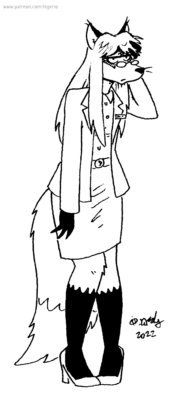 2022 anthro black_and_white bottomwear canid canine clothed clothing female fox fur hair hi_res leg_markings mammal markings monochrome rina_(runei) skirt socks_(marking) solo tegerio whiskers