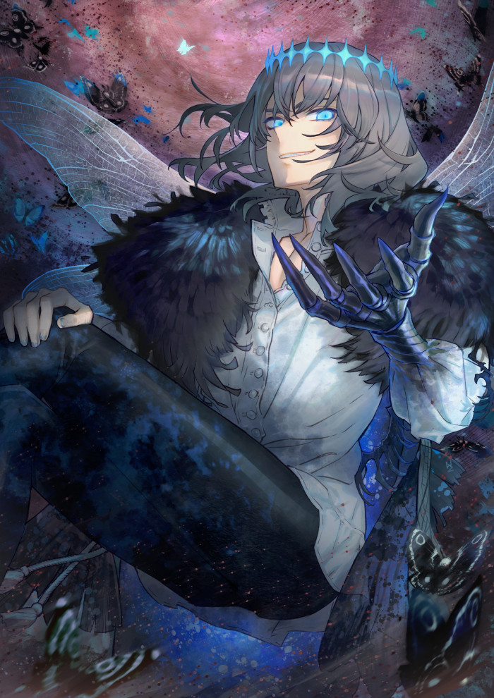 1boy arthropod_boy bangs black_cloak black_pants blue_eyes bug butterfly claws cloak crossed_legs diamond_hairband dragonfly_wings dress_shirt evil_grin evil_smile fate/grand_order fate_(series) feet_out_of_frame fur-trimmed_cloak fur_trim glowing glowing_eye grey_hair grin insect_wings male_focus medium_hair moth motion_blur na222222 oberon_(fate) oberon_(third_ascension)_(fate) open_collar pants popped_collar shirt smile solo spoilers white_shirt wings