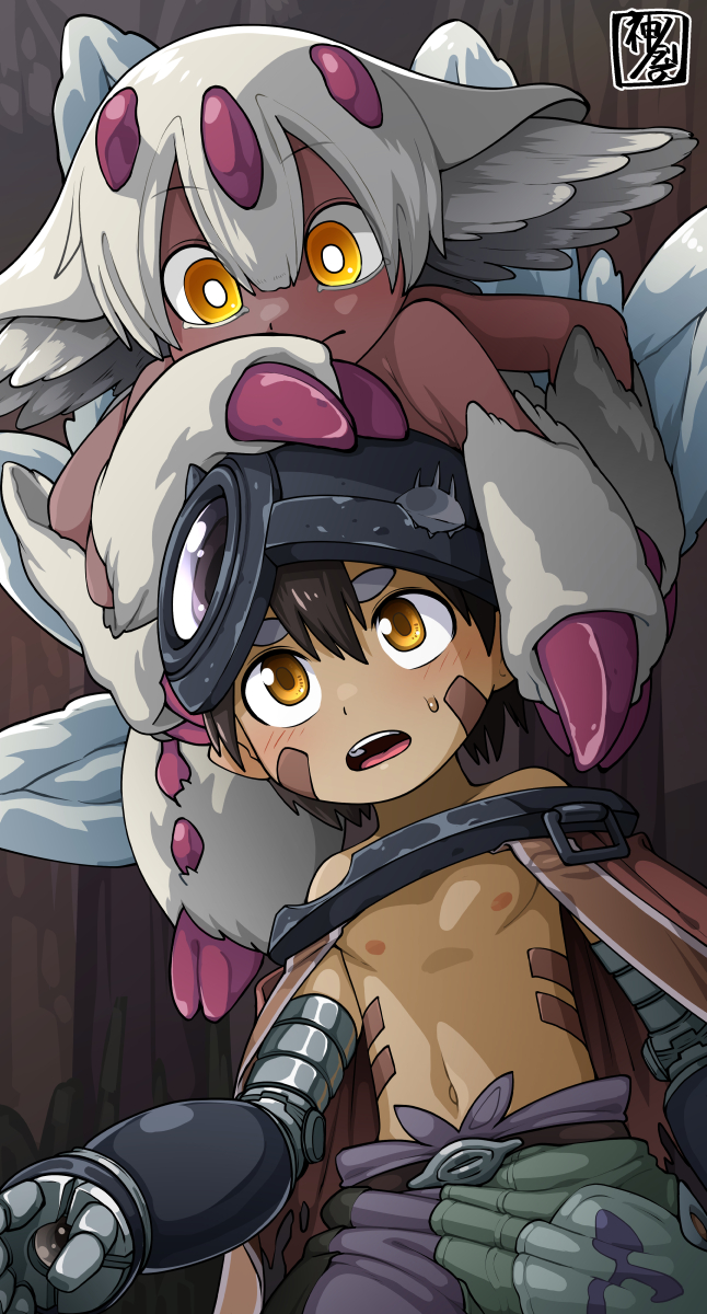 1boy 1girl blush brown_hair claws commentary commentary_request cyborg dark-skinned_female dark-skinned_male dark_skin extra_arms facial_mark faputa furry girl_on_top hair_between_eyes helmet highres kaminosaki made_in_abyss male_child mechanical_arms monster_girl navel open_mouth regu_(made_in_abyss) short_hair simple_background very_dark_skin white_fur white_hair yellow_eyes