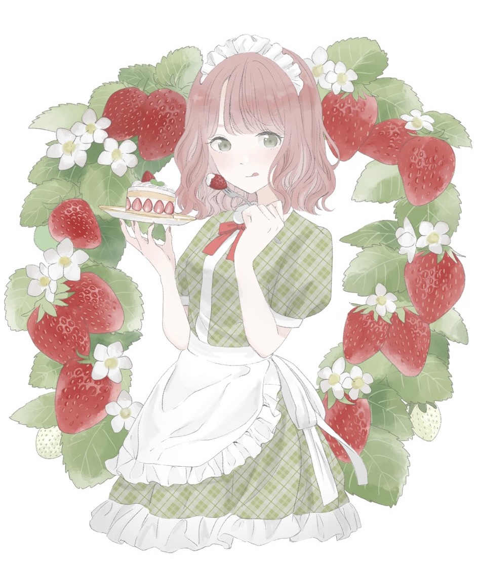 1girl apron bangs cake cream cropped_torso dress fingernails flower food fork frilled_dress frills fruit green_dress grey_eyes holding holding_food holding_fork holding_plate leaf licking_lips light_brown_hair light_smile looking_at_viewer maid maid_apron maid_headdress original pale_color plaid plaid_dress plate puffy_short_sleeves puffy_sleeves ribbon short_hair short_sleeves simple_background solo strawberry strawberry_blossoms strawberry_shortcake tongue tongue_out wavy_hair white_apron white_background white_flower white_headdress white_ribbon white_strawberry yuum1709