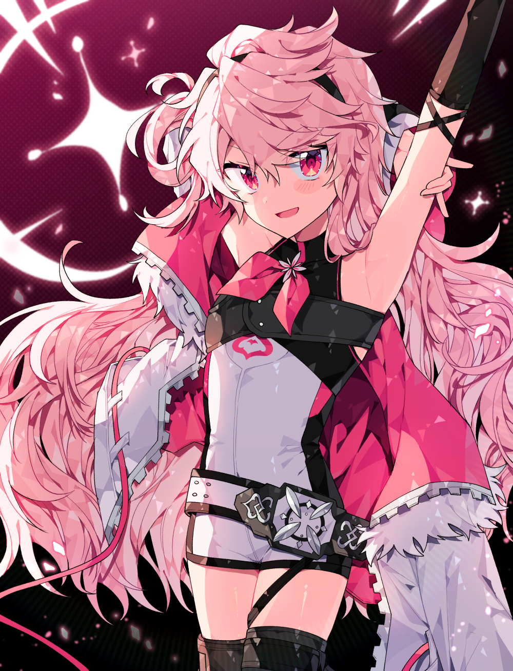 1girl :d arm_up armpits black_background black_hairband black_thighhighs blush buchu14569590 commission cowboy_shot elsword eternity_winner_(elsword) hairband highres jacket laby_(elsword) long_hair looking_at_viewer messy_hair open_mouth pink_hair red_eyes shorts smile solo standing thighhighs two-sided_fabric two-sided_jacket white_jacket