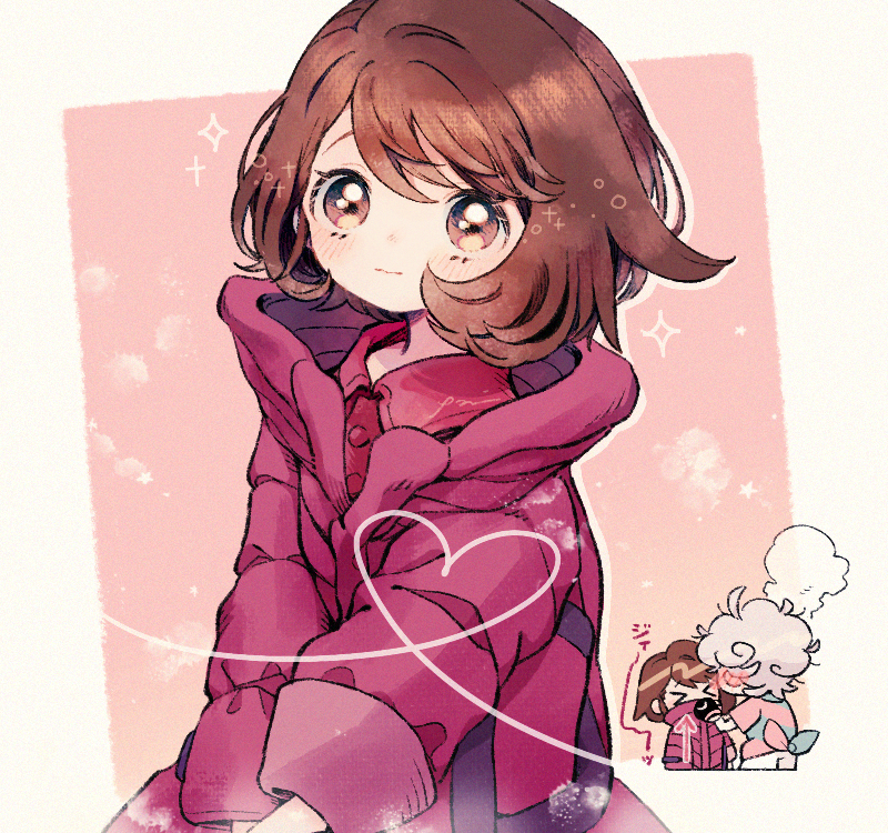 &gt;_&lt; 1boy 1girl arrow_(symbol) bangs bede_(pokemon) blush borrowed_garments brown_eyes brown_hair buttons closed_eyes closed_mouth coat collared_dress commentary_request dress eyelashes gloria_(pokemon) heart high_collar long_sleeves pokemon pokemon_(game) pokemon_swsh purple_coat short_hair sparkle zzzpani