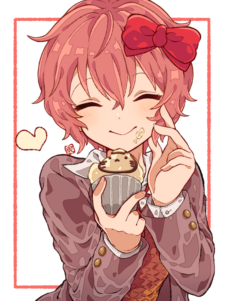 1girl animal_ears artist_name bangs blazer blush border bow brown_sweater_vest cat_ears closed_eyes closed_mouth commentary cupcake doki_doki_literature_club dress_shirt eating facing_viewer food food_bite food_on_face grey_jacket hair_between_eyes hair_bow hand_on_own_face happy heart holding holding_food jacket messy misogi_ria neck_ribbon outside_border pink_border pink_hair red_bow red_ribbon ribbon sayori_(doki_doki_literature_club) school_uniform shirt short_hair signature smile solo sweater_vest upper_body very_short_hair whiskers white_shirt