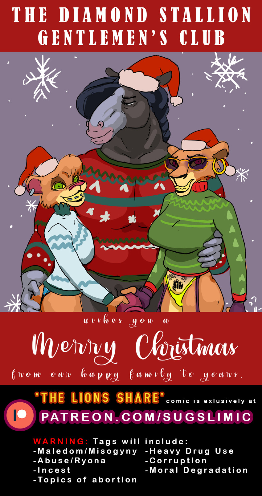 alternate_version_at_patreon anthro bottomless braces buck_(sugslimic) butt butt_grab cassie_(sugslimic) christmas christmas_card christmas_clothing christmas_headwear christmas_sweater christmas_topwear clothed clothing daughter disney ear_piercing ear_ring equid equine eyewear felid female genitals group hand_on_butt hand_on_penis hat headgear headwear hi_res holidays hoop_ear_ring horse imminent_sex implied_handjob larger_male lion male male/female mammal mature_female merry_christmas mother mother_and_child mother_and_daughter pantherine parent parent_and_child patreon penis piercing ring_piercing santa_hat seasonal_greeting_card size_difference smile smiling_at_viewer story story_in_description stripper sugslimic sunglasses sweater tattoo the_lion_king thong topwear underwear vitani vivian_(sugslimic) womb_tattoo zira