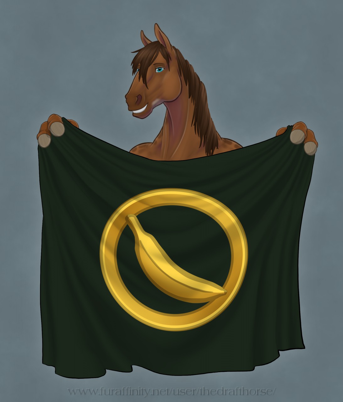 2020 ambiguous_gender anthro banana blue_eyes brown_body brown_hair brown_mane digital_media_(artwork) dolero equid equine eyebrows fingers flag food fruit hair hi_res horse looking_at_viewer mammal mane plant simple_background smile solo teeth the_draft_horse