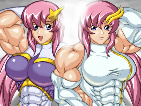abs biceps breasts extreme_muscles female flex flexing gundam gundam_seed hand_behind_head hand_on_hip hips lacus_clyne large_breasts meer_campbell multiple_girls muscle muscles muscular pose ren_(tainca2000)