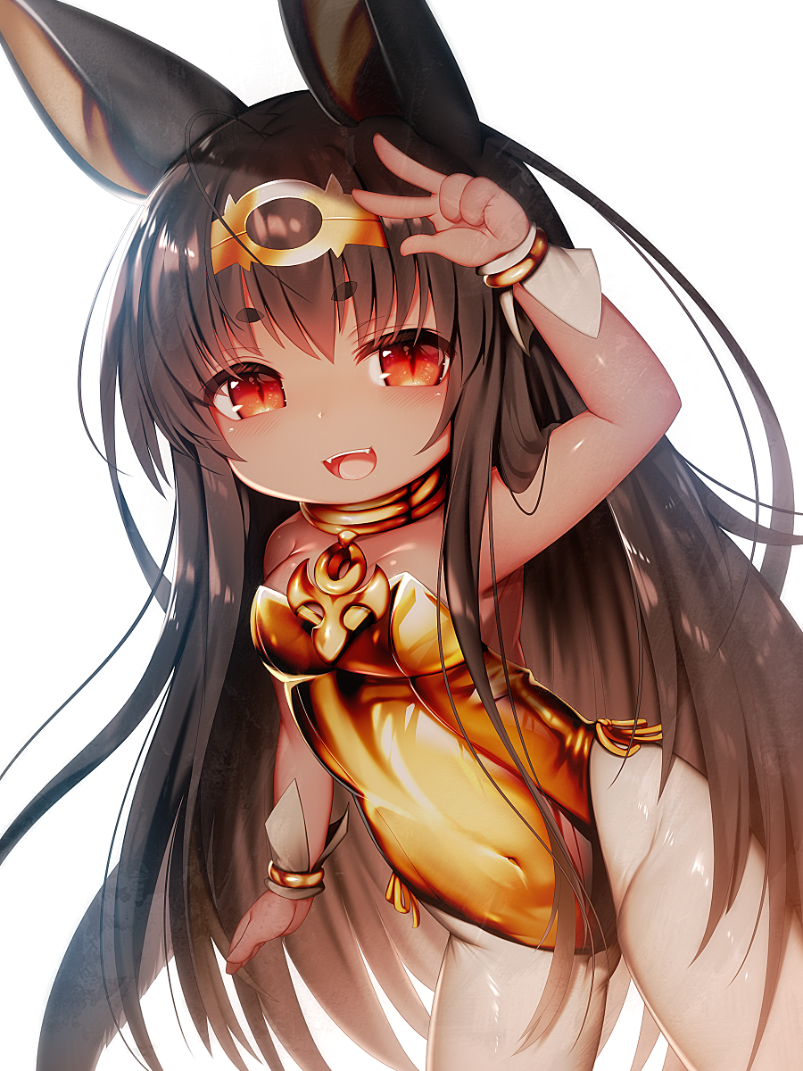 1girl :d ahoge animal_ears arm_up bangs bare_shoulders breasts brown_eyes brown_hair brown_leotard commentary_request covered_navel dark_skin eyebrows_visible_through_hair fangs hair_between_eyes highres leotard long_hair looking_at_viewer medium_breasts mofuaki open_mouth original pantyhose short_eyebrows simple_background smile solo strapless strapless_leotard thick_eyebrows very_long_hair w white_background white_legwear wrist_cuffs