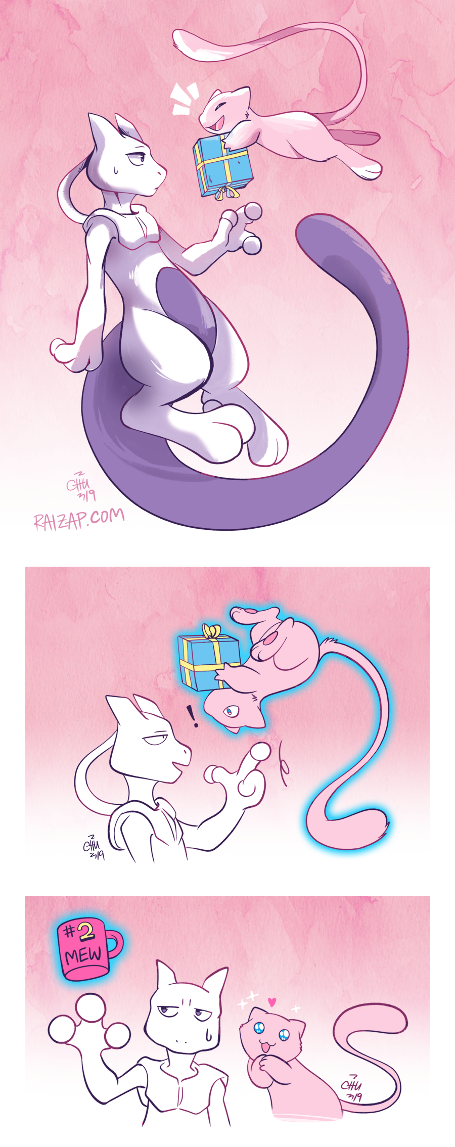 ! &lt;3 2019 3_fingers blue_eyes cup digital_drawing_(artwork) digital_media_(artwork) duo floating fur gift hands_together hi_res holding_object legendary_pok&eacute;mon long_tail mew mewtwo multiple_images nintendo open_mouth open_smile pink_fur pok&eacute;mon pok&eacute;mon_(species) purple_tail size_difference smile sparkles suspended_in_midair sweat the-chu url video_games