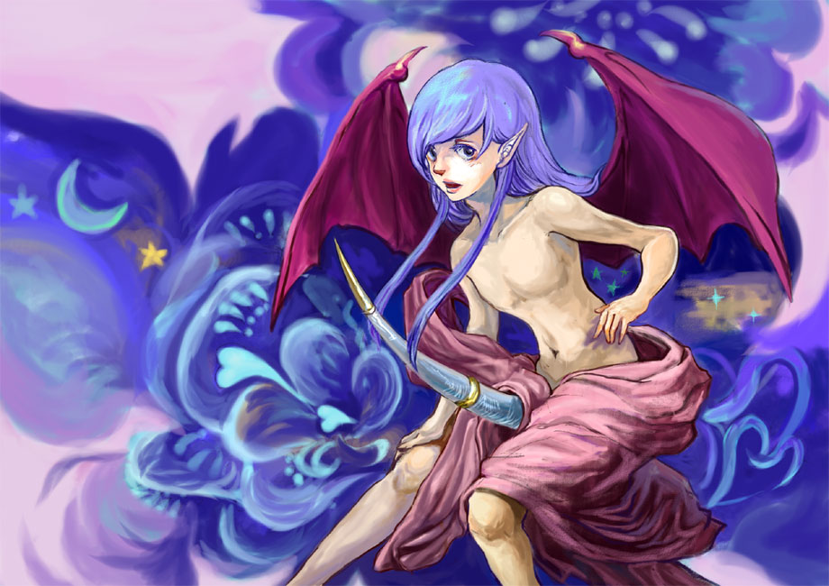 bat_wings demon_boy elminage_2 flower horns incubus loincloth murakamikaramu pointy_ears purple_hair solo wings