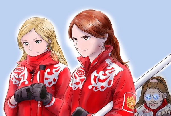 2girls blonde_hair blue_background brown_eyes brown_hair creepy curling glowing glowing_eyes long_hair multiple_girls olympics russia simple_background stare staring white_eyes
