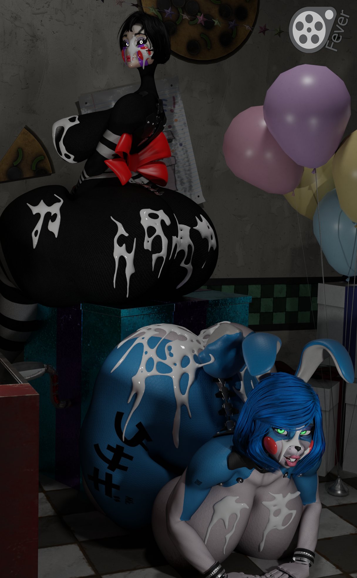 2022 3d_(artwork) animatronic anthro balloon big_breasts big_butt black_body black_hair black_nose black_sclera blue_body blue_hair blush blush_stickers bodily_fluids breasts butt cum cum_on_breasts cum_on_butt cum_on_face digital_media_(artwork) duo female feversfm five_nights_at_freddy's five_nights_at_freddy's_2 genital_fluids green_eyes hair hi_res huge_breasts huge_butt inflatable lagomorph leporid lips machine mammal marionette_(fnaf) pink_lips rabbit red_lips robot scottgames thick_thighs toy_bonnie_(fnaf) video_games white_body white_eyes