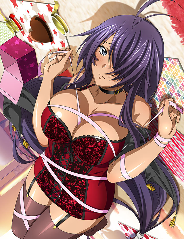 1girl antenna_hair black_collar black_garter_straps black_ribbon breasts brown_thighhighs cleavage closed_mouth collar collarbone dress frown grey_eyes hair_over_one_eye ikkitousen kan'u_unchou large_breasts long_hair looking_at_viewer lying on_back pink_ribbon purple_hair red_dress ribbon shiny shiny_clothes shiny_hair shiny_legwear shiny_skin short_dress sleeveless sleeveless_dress solo thighhighs very_long_hair