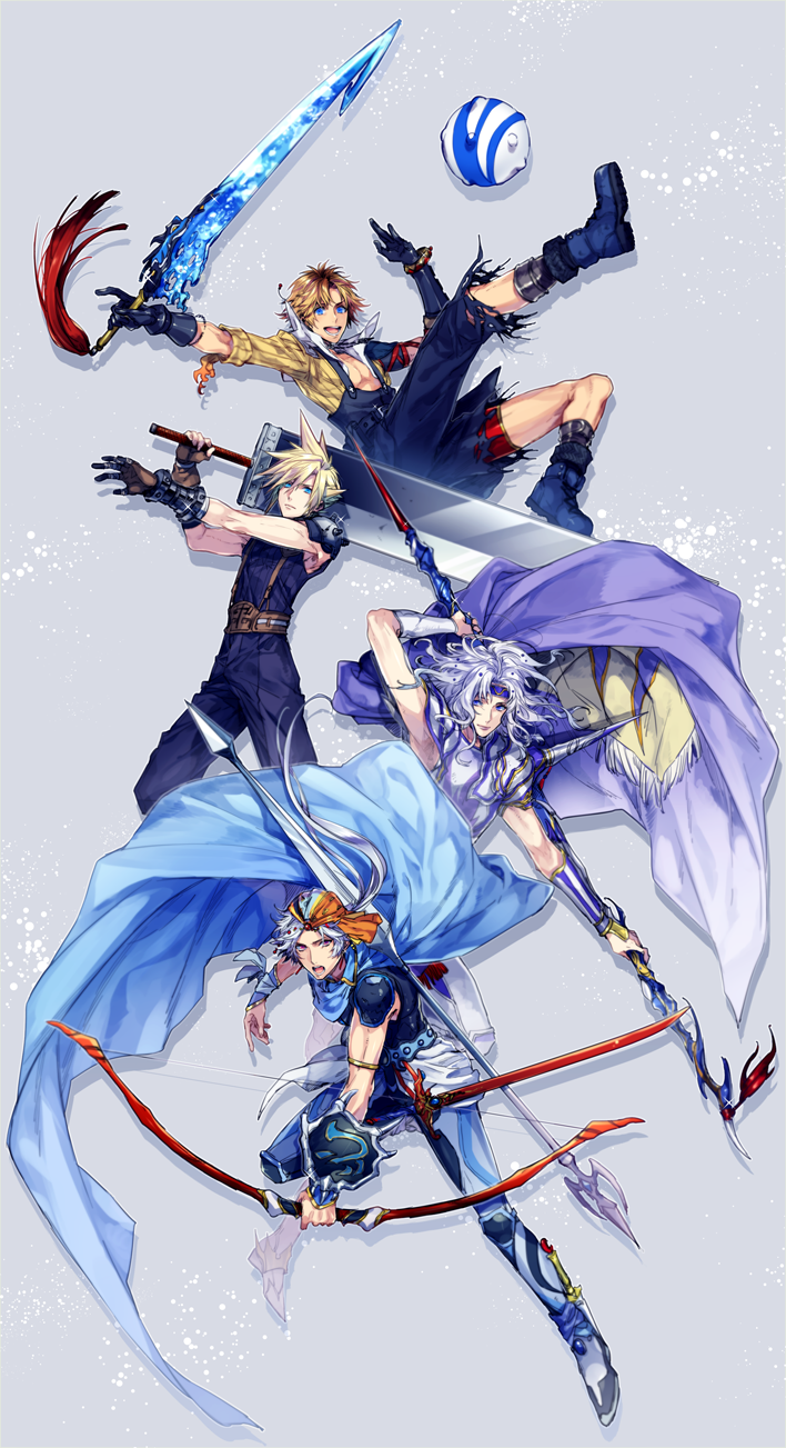 4boys arm_behind_head arm_ribbon armor bangs belt black_gloves black_overalls blitzball blonde_hair blue_cape blue_eyes blue_headband blue_pants blue_shirt boots bow_(weapon) brown_belt brown_gloves buster_sword cape cloud_strife dissidia_final_fantasy fighting_stance final_fantasy final_fantasy_ii final_fantasy_vii final_fantasy_x fingerless_gloves frioniel full_body gloves grey_background grey_hair hair_between_eyes head_scarf headband highres holding holding_bow_(weapon) holding_polearm holding_sword holding_weapon jacket long_hair low_ponytail male_focus multicolored_clothes multicolored_headwear multiple_boys nakagawa_waka open_mouth overalls pants parted_bangs polearm purple_cape ribbon shirt short_hair short_hair_with_long_locks shorts shoulder_armor shoulder_spikes sleeveless sleeveless_shirt smile spiked_hair spikes suspenders sword tidus toned toned_male torn_clothes torn_shorts waist_sash warrior_of_light weapon yellow_jacket
