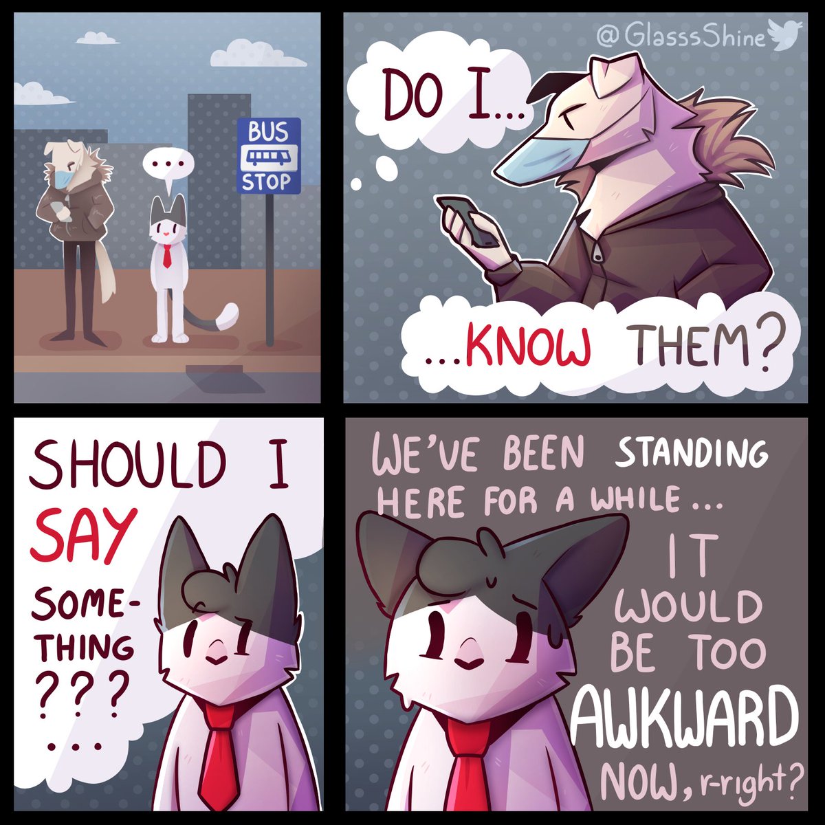 anthro bus_stop bus_stop_sign canid canine clothed clothing comic duo ellipsis english_text face_mask felid feline fully_clothed glassshine hi_res hoodie mammal necktie outside simple_background steve_(glassshine) text thought_bubble topwear