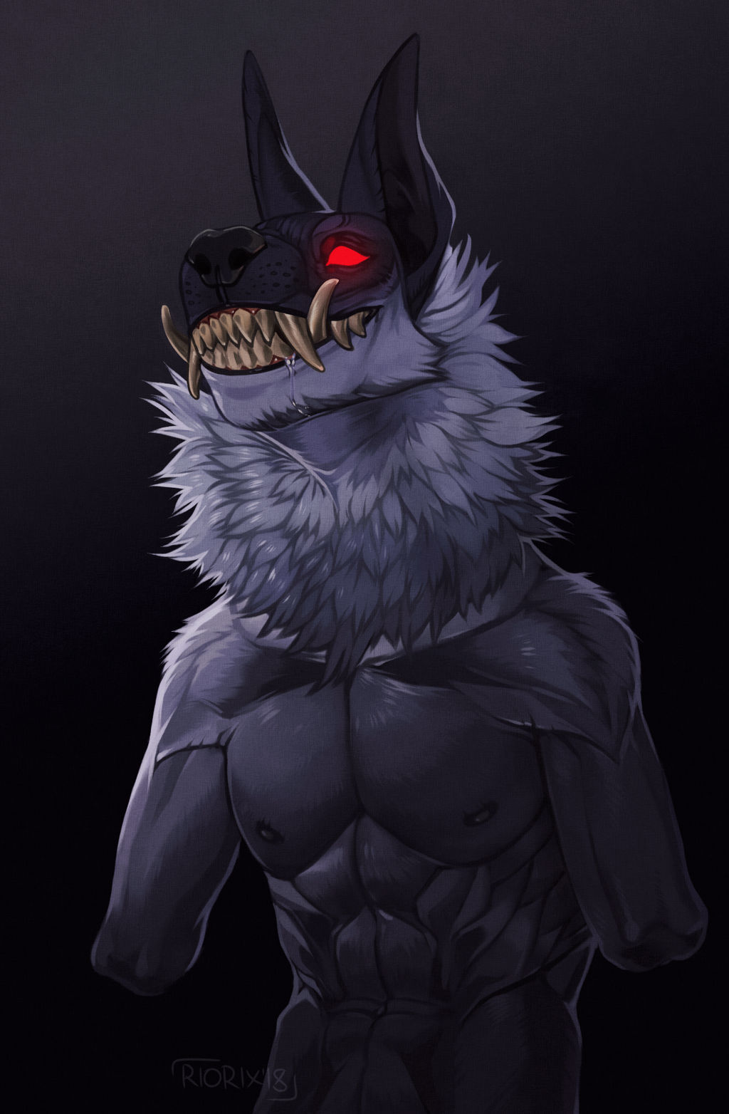 2018 amputee anthro black_background black_body black_ears black_fur bodily_fluids canid cheek_tuft dated disability double_amputee drooling empty_eyes facial_tuft front_view fur glowing glowing_eyes grey_body grey_fur grin half-length_portrait hi_res male mammal muscular muscular_anthro muscular_male neck_tuft nude portrait riorix saliva saliva_on_chin shoulder_tuft signature simple_background smile solo standing tan_teeth tuft