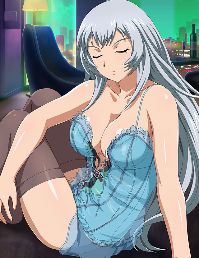 1girl bare_arms blue_shirt breasts chouun_shiryuu cleavage closed_eyes closed_mouth collarbone facing_viewer grey_hair grey_thighhighs ikkitousen indoors large_breasts long_hair shiny shiny_hair shiny_skin shirt sitting sleeveless sleeveless_shirt solo spaghetti_strap straight_hair thighhighs untied very_long_hair