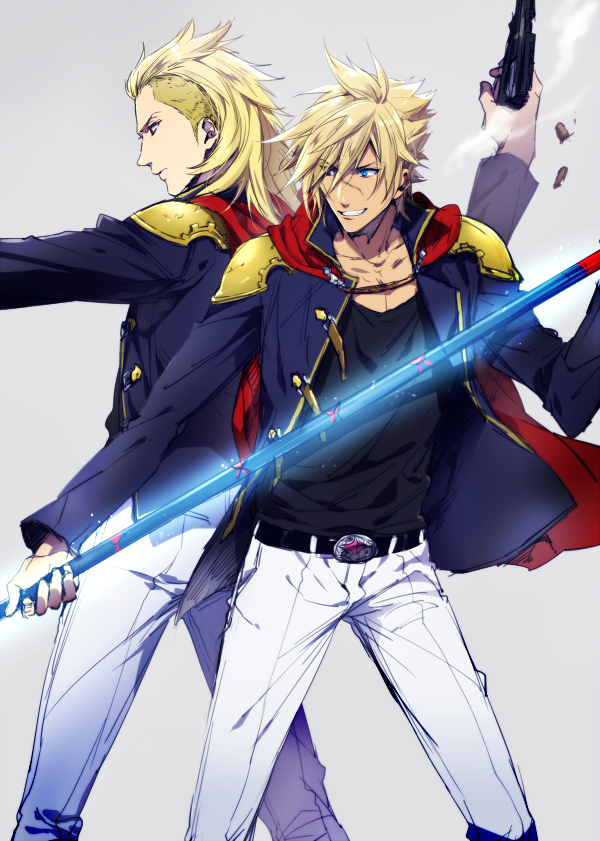 2boys armor back-to-back belt belt_buckle black_belt black_shirt blonde_hair blue_eyes blue_jacket buckle cape cowboy_shot dual_wielding fighting_stance final_fantasy final_fantasy_type-0 grey_background grin gun hair_between_eyes hair_slicked_back holding holding_polearm holding_weapon jacket king_(fft-0) long_hair long_sleeves looking_to_the_side male_focus multiple_boys nakagawa_waka nine_(fft-0) pants polearm red_cape scar scar_on_face scar_on_nose school_uniform shirt short_hair shoulder_armor sidecut smile spear spiked_hair teeth weapon white_pants