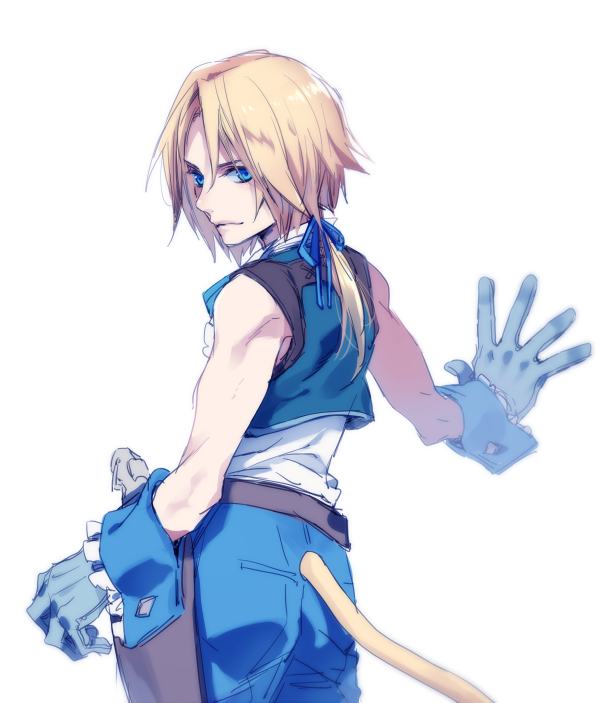 1boy bangs bare_shoulders belt blonde_hair blue_eyes blue_pants blue_ribbon blue_vest closed_mouth cowboy_shot cropped_vest facing_away final_fantasy final_fantasy_ix gloves grey_gloves hair_ribbon looking_at_viewer looking_back low_ponytail male_focus monkey_tail nakagawa_waka pants parted_bangs ribbon shirt short_hair_with_long_locks sleeveless sleeveless_shirt solo tail vest white_background white_shirt wrist_cuffs zidane_tribal