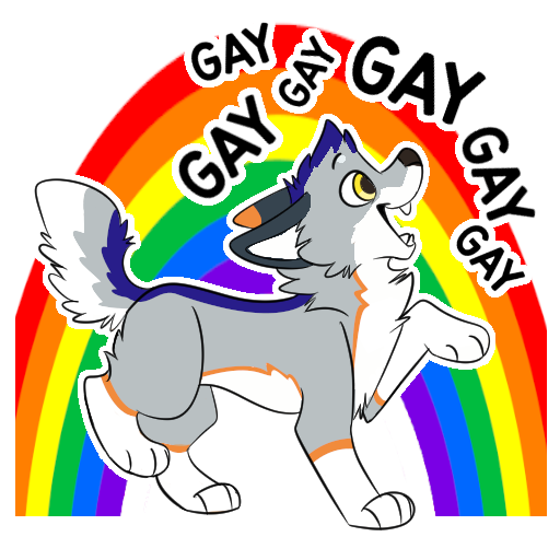 blue_body blue_fur canid canine english_text fur grey_body grey_fur mammal multicolored_body multicolored_fur open_mouth rainbow solo standing teeth_showing text white_body white_fur yellow_eyes