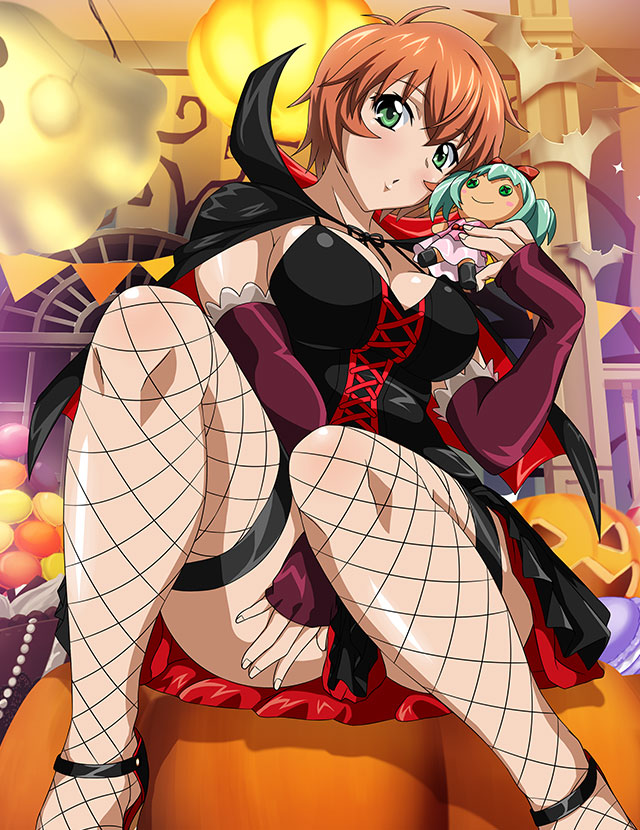 1girl bangs between_legs black_capelet black_dress bob_cut breasts brown_hair capelet character_doll chinkyuu_koudai cleavage collarbone detached_sleeves dress fishnet_thighhighs fishnets green_eyes hair_between_eyes halloween halloween_costume hand_between_legs ikkitousen large_breasts layered_dress long_sleeves pleated_dress pumpkin purple_sleeves shiny shiny_hair short_dress short_hair sideboob sitting sleeveless sleeveless_dress solo thighhighs vampire