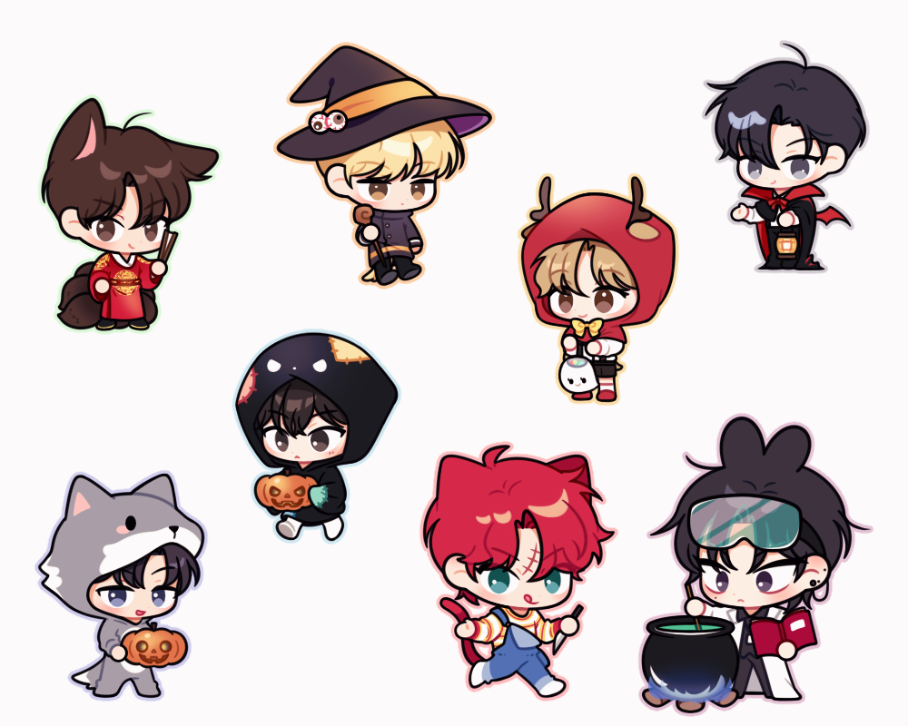 6+boys alternate_costume animal_costume animal_ears antlers aqua_eyes bangs black_hair black_headwear blonde_hair blue_overalls book brown_eyes brown_hair cat_boy cat_ears cat_tail cauldron character_request chibi closed_mouth commentary_request damyo_812 debwi_mos_hamyeon_jugneun_byeong_geollim fox_boy fox_ears fox_tail frown full_body goggles goggles_on_head grey_eyes halloween_bucket hat holding holding_book holding_knife holding_lantern holding_staff hood hood_up jack-o'-lantern kemonomimi_mode kitsune knife korean_commentary labcoat lantern licking_lips long_sleeves looking_at_viewer male_focus mole mole_under_eye multiple_boys open_mouth outline overalls red_hair scar scar_on_face scar_on_forehead shirt short_hair simple_background smile staff standing stirring striped striped_shirt tail tongue tongue_out vampire_costume white_background witch_hat wolf_costume yellow_eyes