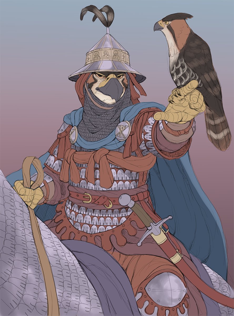 ambiguous_gender anthro armor avian bird cape chainmail clothing cuirass equid equine falcon falconid feathers feral headgear helmet horse mammal melee_weapon on_finger pelzibat saber solo sword weapon