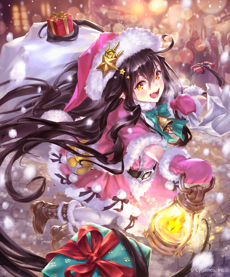 1girl bangs black_footwear black_hair blurry bokeh capelet christmas commentary_request depth_of_field dress fur-trimmed_capelet fur-trimmed_dress fur-trimmed_footwear fur_trim gift hair_ornament hat hat_ornament hisakata_souji holding holding_lantern holding_sack lantern long_hair looking_at_viewer night official_alternate_costume open_mouth orange_eyes outdoors over_shoulder pantyhose red_capelet red_dress red_headwear red_mittens sack santa_dress santa_hat shingeki_no_bahamut short_dress smile snowing solo standing star_(symbol) star_hair_ornament star_hat_ornament very_long_hair watermark white_pantyhose