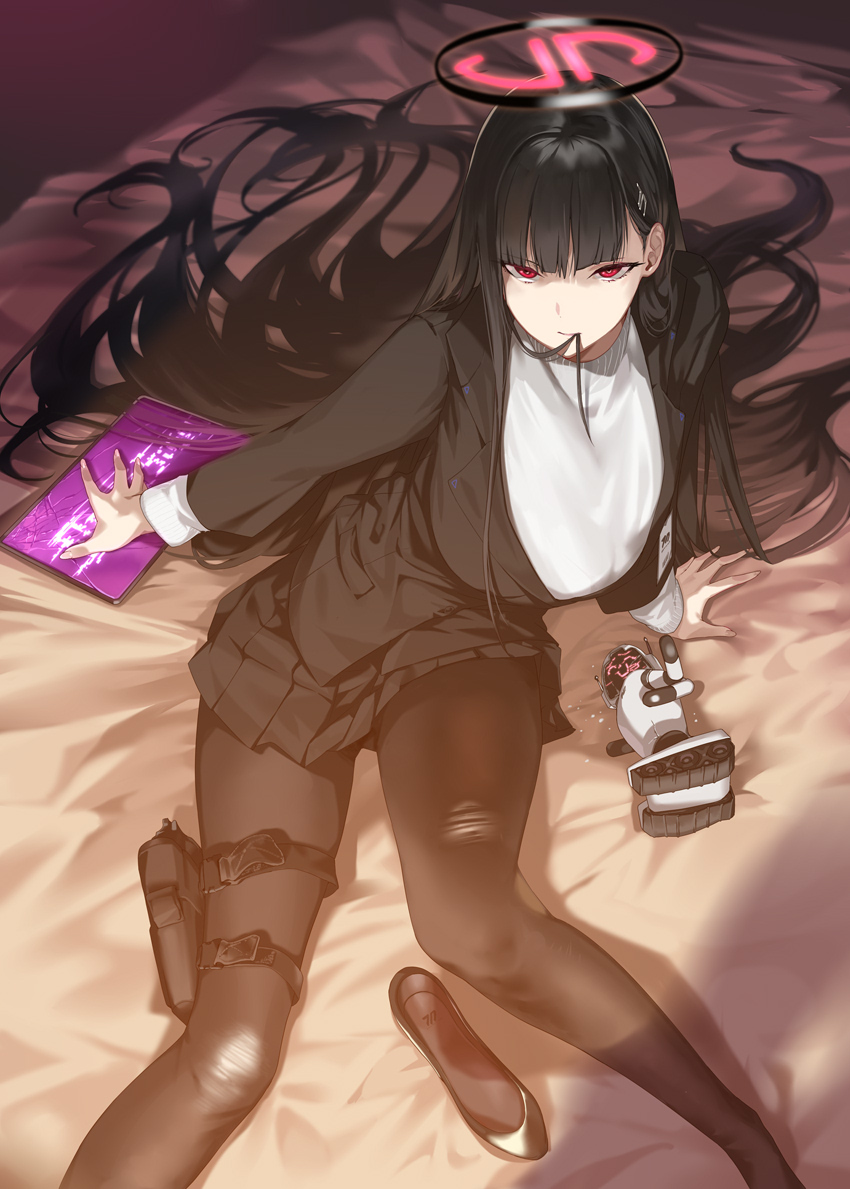 1girl arm_support black_hair black_pantyhose black_skirt black_suit blue_archive breasts closed_mouth feet_out_of_frame formal from_above hair_in_mouth halo holster holstered_weapon indoors large_breasts long_hair long_sleeves looking_at_viewer ohland on_bed pantyhose pleated_skirt red_eyes rio_(blue_archive) shirt shoes shoes_removed sitting skirt solo suit thigh_holster thighs very_long_hair white_shirt