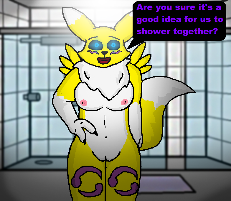 anthro areola bandai_namco bathroom black_nails black_sclera blue_pupils breasts canid canine colored_nails dialogue dialogue_box digimon digimon_(species) drcustom facial_markings female fox genitals hand_on_hip head_markings leg_markings looking_at_viewer mammal markings nails neck_tuft pupils purple_text pussy renamon smile smiling_at_viewer solo text tuft yellow_body