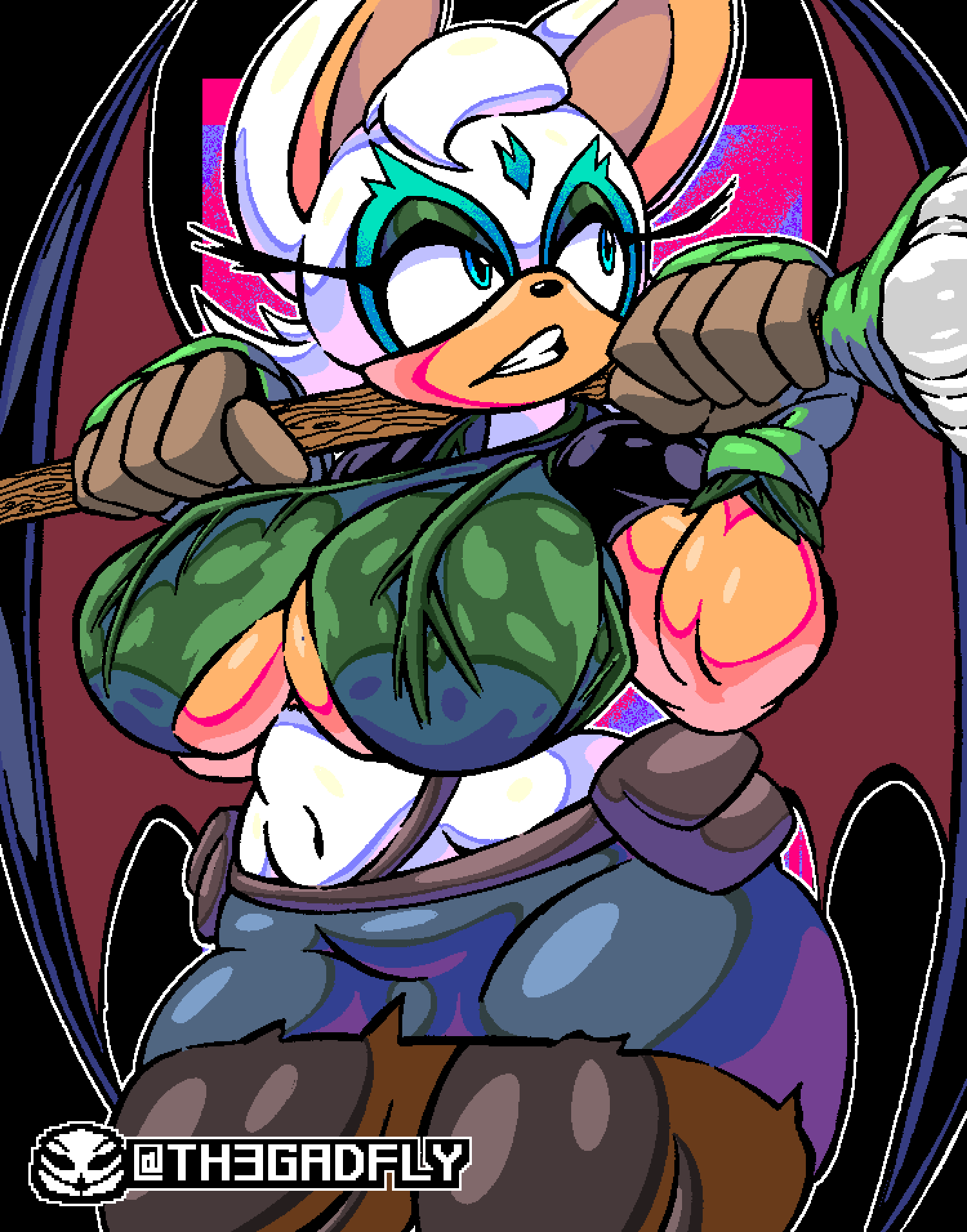 2022 anthro artist_logo artist_name bat clenched_teeth female hi_res holding_object holding_weapon leaf_clothing logo mammal melee_weapon midriff polearm portrait prim_rouge rouge_the_bat sega solo sonic_prime sonic_the_hedgehog_(series) spear teeth th3gadfly three-quarter_portrait tribal weapon weapon_on_shoulder