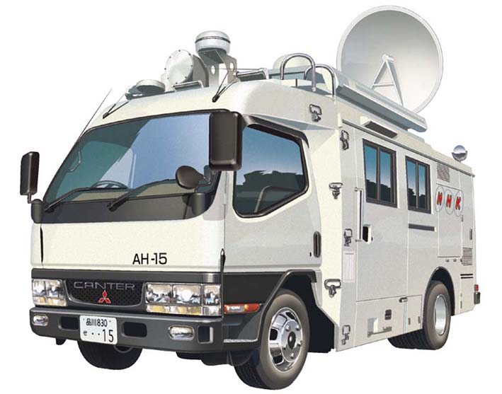 commentary ground_vehicle license_plate mitsubishi_motors motor_vehicle nippon_housou_kyoukai no_humans satellite_dish side_mirror simple_background solo traditional_media truck vehicle_focus wada_takayoshi white_background