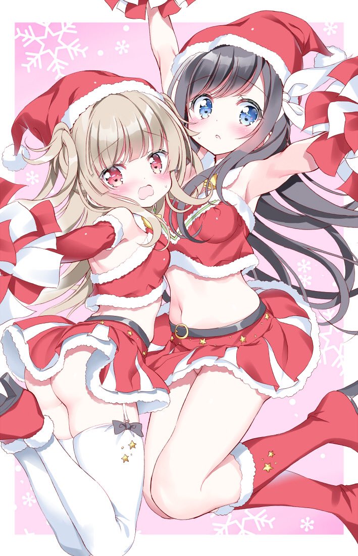 2girls armpits arms_up ass black_hair blue_eyes blush border cheerleader christmas commentary_request crop_top elbow_gloves full_body fur-trimmed_gloves fur-trimmed_skirt fur_trim gloves grey_hair hat long_hair looking_at_viewer midriff multiple_girls navel no_panties original outside_border outstretched_arms pom_pom_(cheerleading) red_eyes red_gloves red_skirt santa_costume santa_hat skindentation skirt snowflake_background spread_arms sweatdrop takahashi_tetsuya tareme thighhighs white_border white_thighhighs