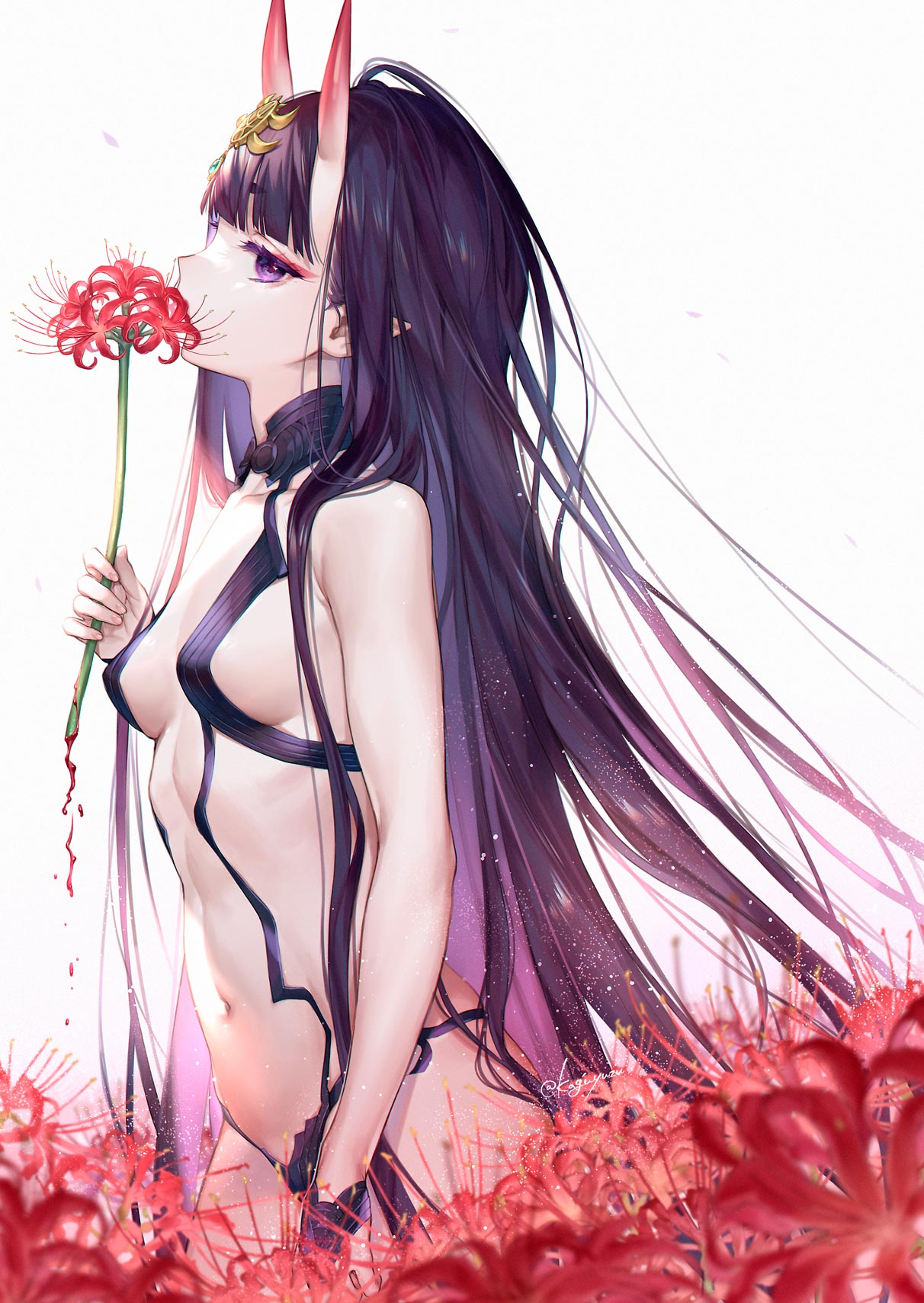 1girl alternate_hair_length alternate_hairstyle bangs bare_arms bare_shoulders breasts covered_mouth cowboy_shot eyeliner fate/grand_order fate_(series) flower forehead_jewel hair_ornament halterneck headpiece highres holding holding_flower horns kaguyuzu long_hair looking_at_viewer makeup navel oni oni_horns pointy_ears profile purple_eyes purple_hair red_flower revealing_clothes shuten_douji_(fate) sideboob sideways_glance signature simple_background skin-covered_horns small_breasts smelling_flower solo spider_lily stomach very_long_hair white_background
