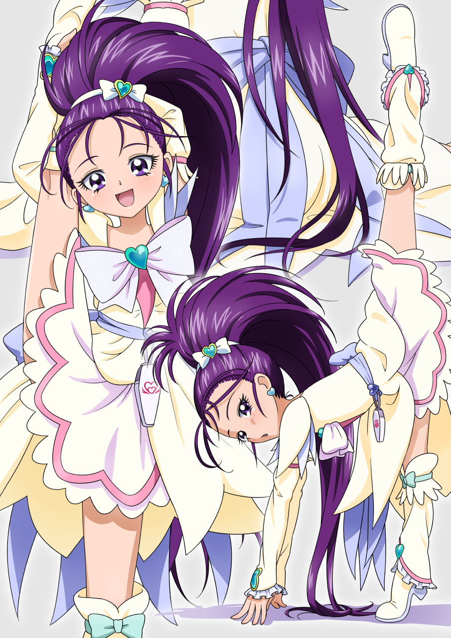 arm_warmers boots cure_egret dress frills futari_wa_precure_splash_star grey_background hair_ornament hairband heart heart_hair_ornament highres leg_warmers long_hair looking_at_viewer mishou_mai open_mouth pink_ribbon pouch precure purple_hair ribbon smile split spread_legs standing standing_on_one_leg standing_split tiler_(tiler00) very_long_hair white_dress