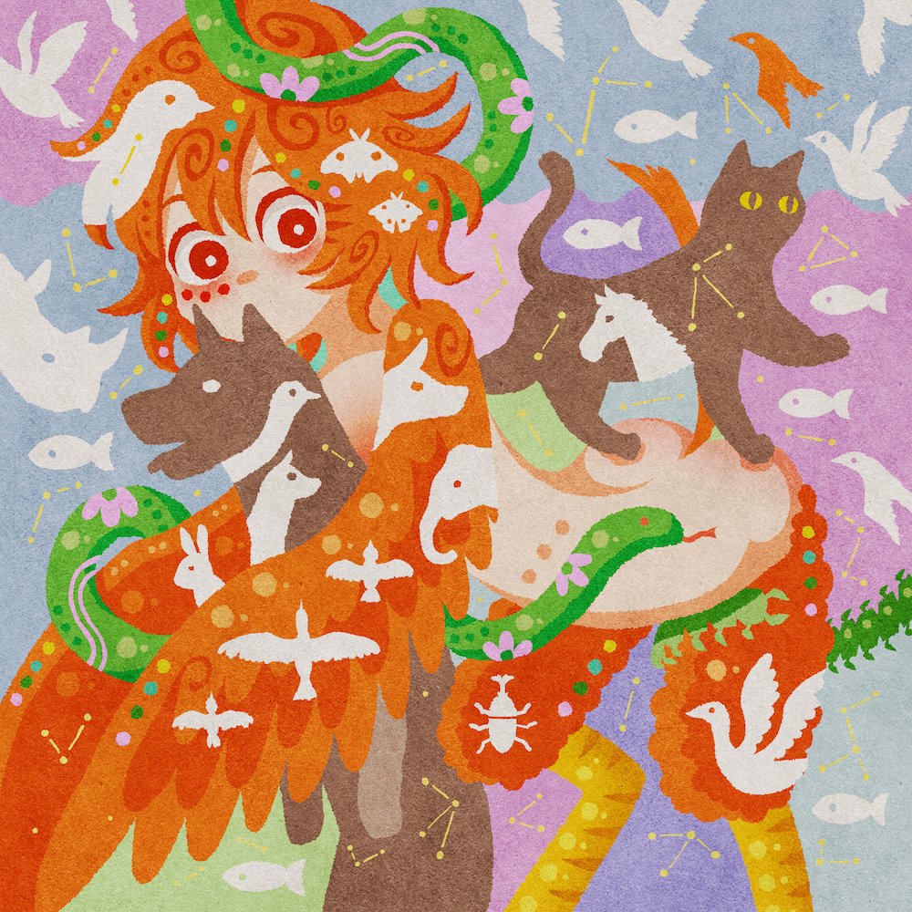 1girl akamiya_fumiya animal ass beetle bird bird_legs black_cat blush bug butterfly cat commentary_request constellation constellation_print dog elephant facial_mark feathered_wings fish floral_print flower harpy horse looking_at_viewer medium_hair messy_hair monster_girl moth nude orange_feathers orange_hair orange_wings original pink_flower rabbit red_eyes rhinoceros snake solo swan tail winged_arms wings