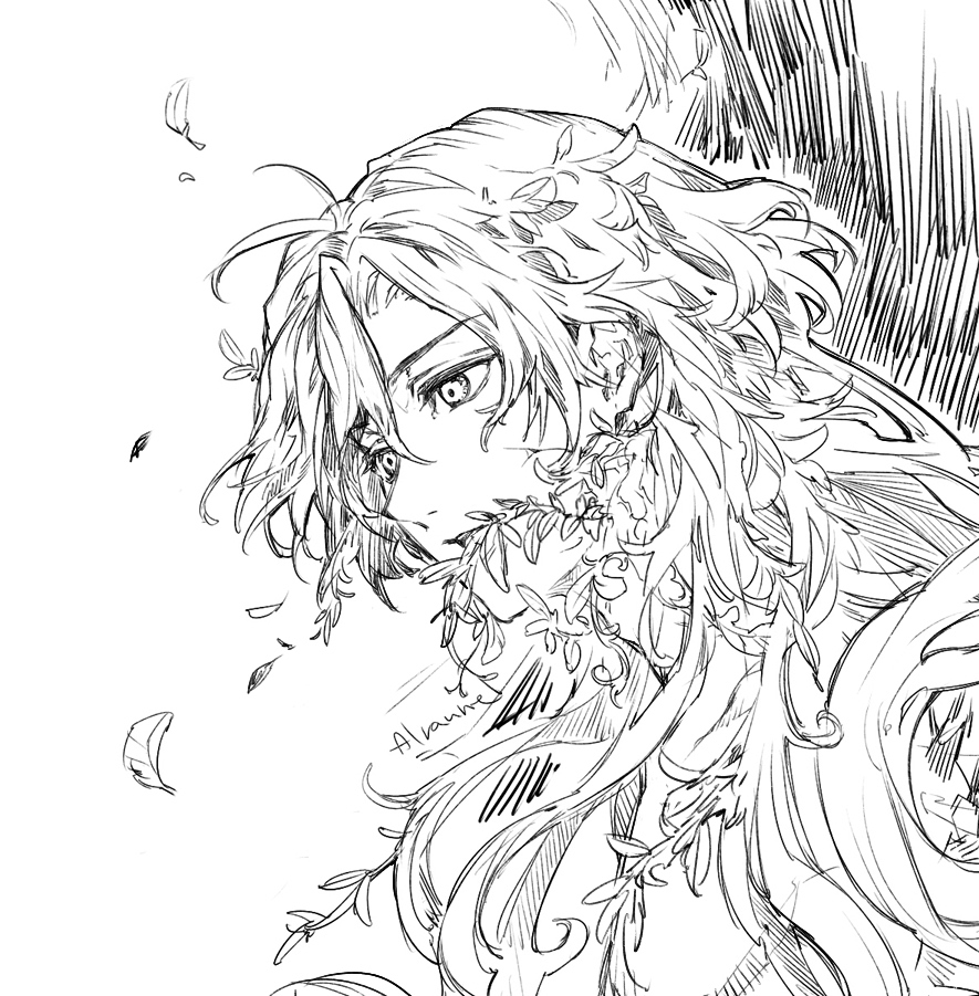 1boy alraune commentary constantine_xi_(fate) english_commentary fate/grand_order fate_(series) greyscale hair_between_eyes heki0529 leaf long_hair looking_afar male_focus monochrome monster_boy monster_girl monsterification parted_lips plant plant_girl simple_background solo upper_body vines white_background