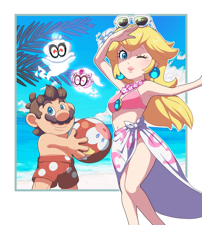 2boys 2girls antenna_hair arm_up ball bangs bare_shoulders beach beachball bikini blonde_hair blue_eyes blue_sky blush brown_hair cappy_(mario) cheep_cheep closed_mouth cloud crescent_print day eyelashes eyewear_on_head facial_hair flower flower_necklace ghost hair_flower hair_ornament holding holding_ball holding_beachball hoshikuzu_pan lips long_hair looking_at_viewer male_swimwear mario mario_(series) multiple_boys multiple_girls mustache navel ocean one_eye_closed outdoors palm_leaf pink_bikini pink_flower princess_peach print_sarong red_shorts sarong short_hair shorts sidelocks sky smile standing stomach sunglasses super_mario_odyssey swim_trunks swimsuit tiara_(mario) topless topless_male water white-framed_eyewear white_flower white_sarong