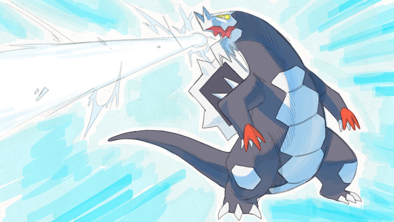 baxcalibur blue_background blue_skin claws colored_skin dragon fangs ice laser light_blue_background long_tail no_humans outdoors pokemon pokemon_(creature) pokemon_(game) pokemon_sv skin_fangs tail water yellow_eyes yokaiju1