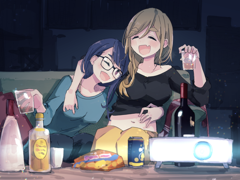 2girls bangs black-framed_eyewear blue_hair bottle brown_eyes brown_hair cup fang food glasses holding holding_cup inuyama_aoi long_hair long_sleeves multiple_girls navel one_eye_closed oogaki_chiaki open_mouth shiroshi_(denpa_eshidan) side_ponytail sitting skin_fang smile sweater swept_bangs thick_eyebrows wine_bottle yurucamp