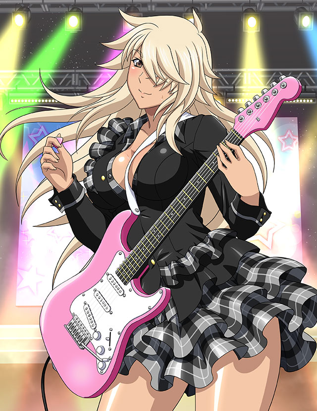 1girl between_breasts black_shirt breasts brown_eyes cleavage cowboy_shot dress_shirt floating_hair grey_skirt hair_between_eyes hair_over_one_eye holding holding_instrument idol ikkitousen instrument large_breasts long_hair long_sleeves miniskirt musashibou_benkei_(ikkitousen) plaid plaid_skirt pleated_skirt shiny shiny_skin shirt skirt solo stage standing very_long_hair white_hair